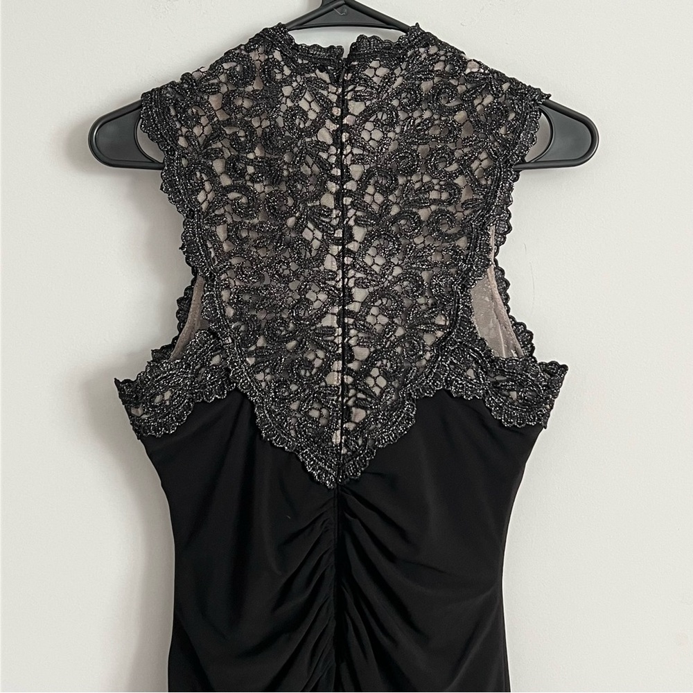 Xscape Black Crochet Back Ruche Draped Fitted Cocktail Dress - Picture 10 of 11